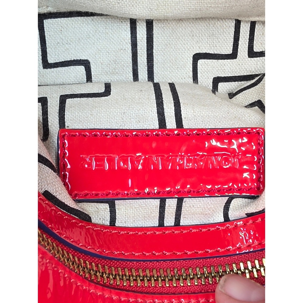 Jonathan Adler Red Patent Leather Trim Linen Cotton Canvas Geometric Tote Bag - Picture 4 of 7